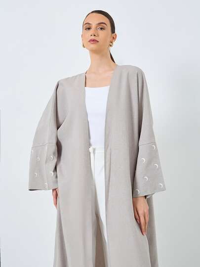 1 Piece Fashion Simple One Size Multicolor Moon Embroidery Women Solid Color Middle Eastern Clothing Long Skirt Fashionable Elegant Cardigan Cuff Embroidery Dress Robe Abaya Suitable For Daily Festival