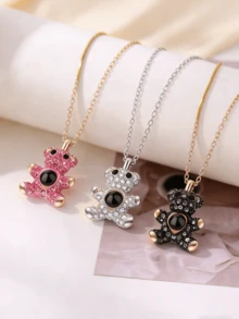 1pc Personalized Photo Teddy Bear Necklace | Full Diamond Encrusted | Adjustable Silver Chain | Lightweight Cute Design | Couple Date Daily Outfit Gift - Multicolor - View 3