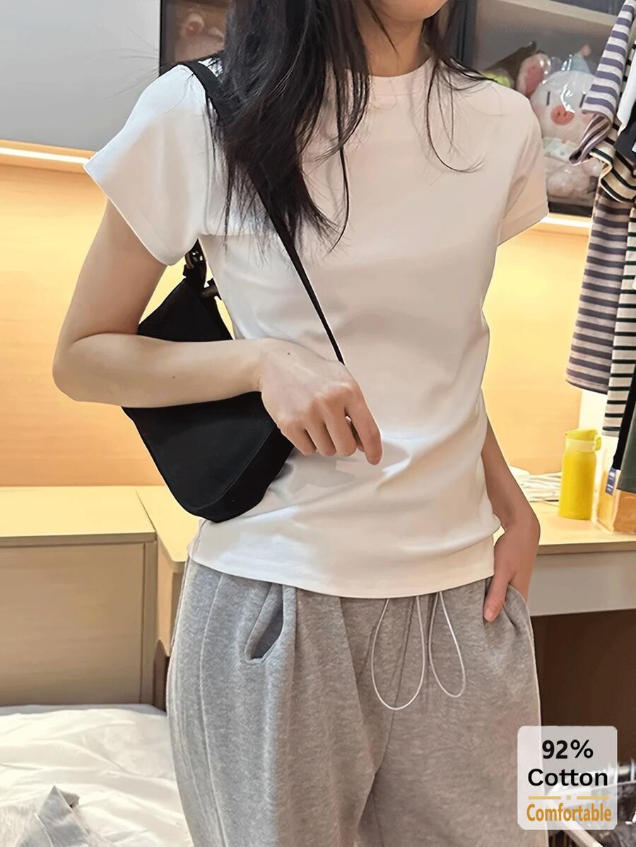 2026 Spring/Summer New White Short Sleeve T-Shirt, Versatile Solid Color Top, Casual Slim Fit Undershirt For Women - White - View 1