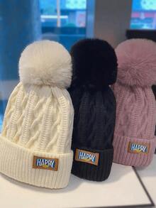 Thick Warm Woolen Cable Knit Beanie Hat For Women, Autumn/Winter, With Fuzzy Pom Pom,Fashionable & Unique - Multicolor - View 1