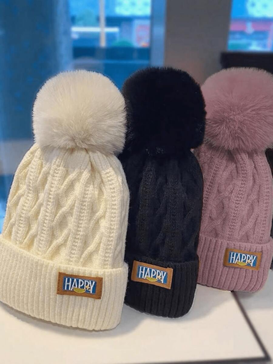 Thick Warm Woolen Cable Knit Beanie Hat For Women, Autumn/Winter, With Fuzzy Pom Pom,Fashionable & Unique - Multicolor - View 1