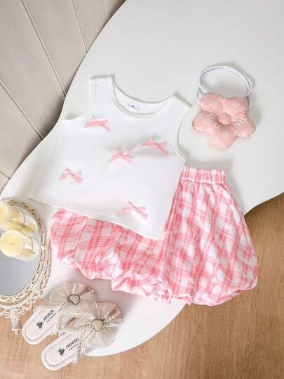 Girls' Sweet Summer Set, White Sleeveless Tank Top With Bow Decor + Pink & White Plaid Ruffle Shorts, Cute & Energetic Children Outfit