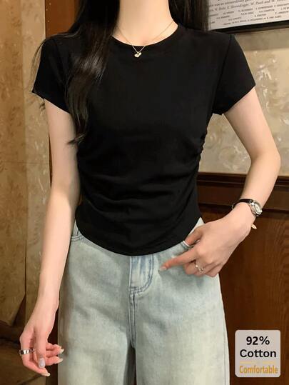 新款春夏黑色露脐短袖T恤，抽绳设计，修身时尚女式上衣