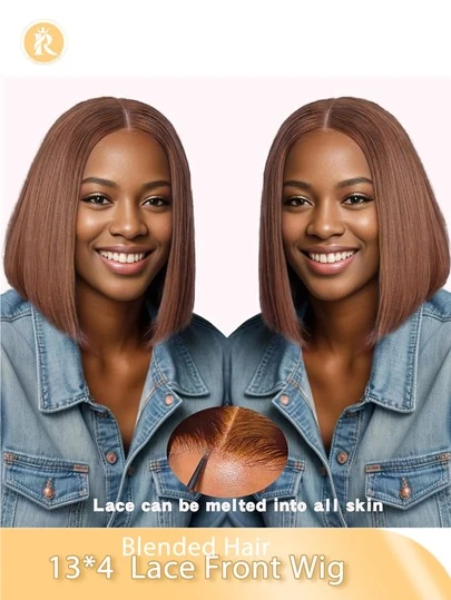 13X4 Lace Frontal Wig 180% Density 6-16inch Short Bob WigStraight Bob Lace Front Wig For Women - Pre-Plucked With Youngsters Hair, Natural Look Natural Color/Brown Color/Burgundy/Orange Color Blended Wigs-A Mix Of Human Blended Hair And Synthetic