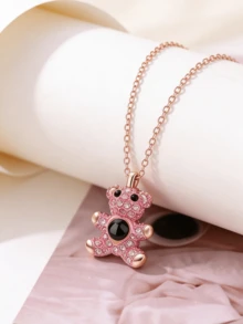 1pc Personalized Photo Teddy Bear Necklace | Full Diamond Encrusted | Adjustable Silver Chain | Lightweight Cute Design | Couple Date Daily Outfit Gift - Multicolor - View 5