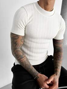 GRDR 1pc Men's Slim Fit Striped Short Sleeve Turtleneck Sweater, Spring/Summer New Arrival - White - View 2