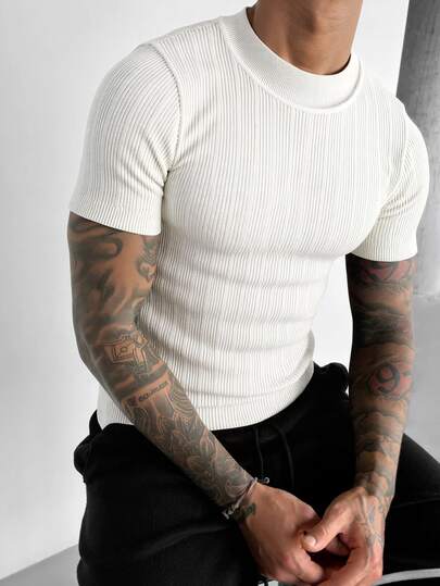 GRDR 1pc Men's Slim Fit Striped Short Sleeve Turtleneck Sweater, Spring/Summer New Arrival