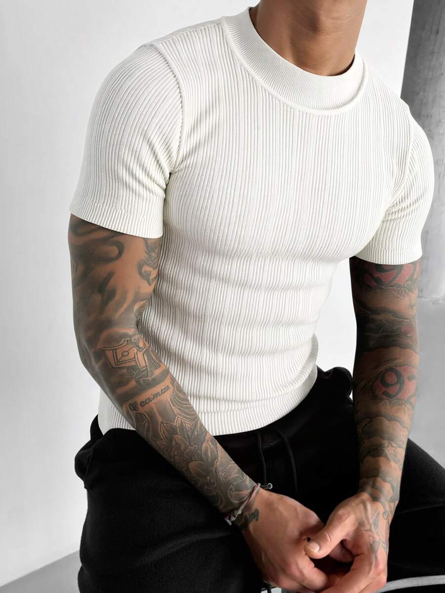 GRDR 1pc Men's Striped Short Sleeve Knit Turtleneck Sweater, Summer New Slim Fit Pullover Top - White - View 1