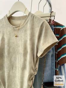 Spring/Summer New Khaki Short Sleeve T-Shirt Women, Cropped Tee With Drawstring Design, Stylish And Slimming - Khaki - View 4