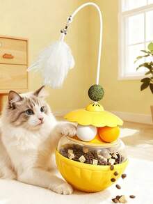 可调节慢食喂食器猫玩具 - 带旋转猫球和羽毛棒的互动式零食分配器，激发狩猎本能，缓解室内猫的无聊，为幼猫提供健康的运动和精神滋养。 - 彩色 - 查看 2