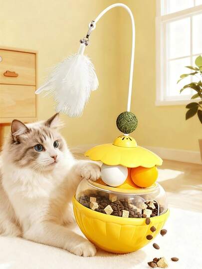 可调节慢食喂食器猫玩具 - 带旋转猫球和羽毛棒的互动式零食分配器，激发狩猎本能，缓解室内猫的无聊，为幼猫提供健康的运动和精神滋养。