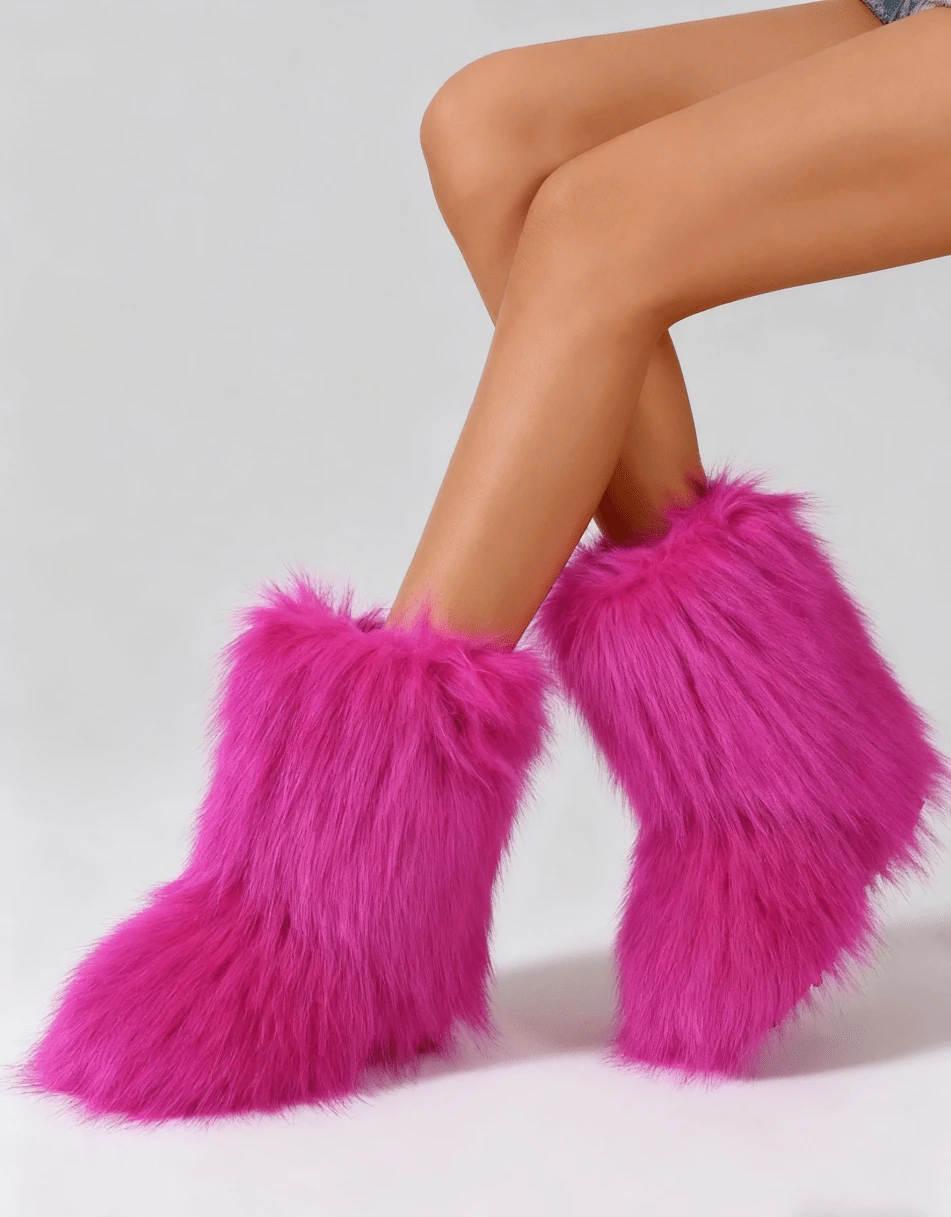 Women's Faux Fur Boot Furry Fluffy Round Toe Suede Winter Comfy Plush Warm Short Outdoor Indoor Flat Shoes Mid-Calf Boots Fashion Boots - 粉色 - 查看 1