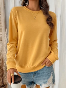 Simple Round Neck Long Sleeved Casual Thin Pullover,Long Sleeve & Round Neck, Cozy  Top For Loungewear & Casual Outings | Versatile Style For All Ages | Women's Sweatshirt - 黃色 - 查看 3
