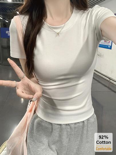 2026 Spring/Summer New White Short Sleeve T-Shirt, Versatile Solid Color Top, Casual Slim Fit Undershirt For Women Vacation