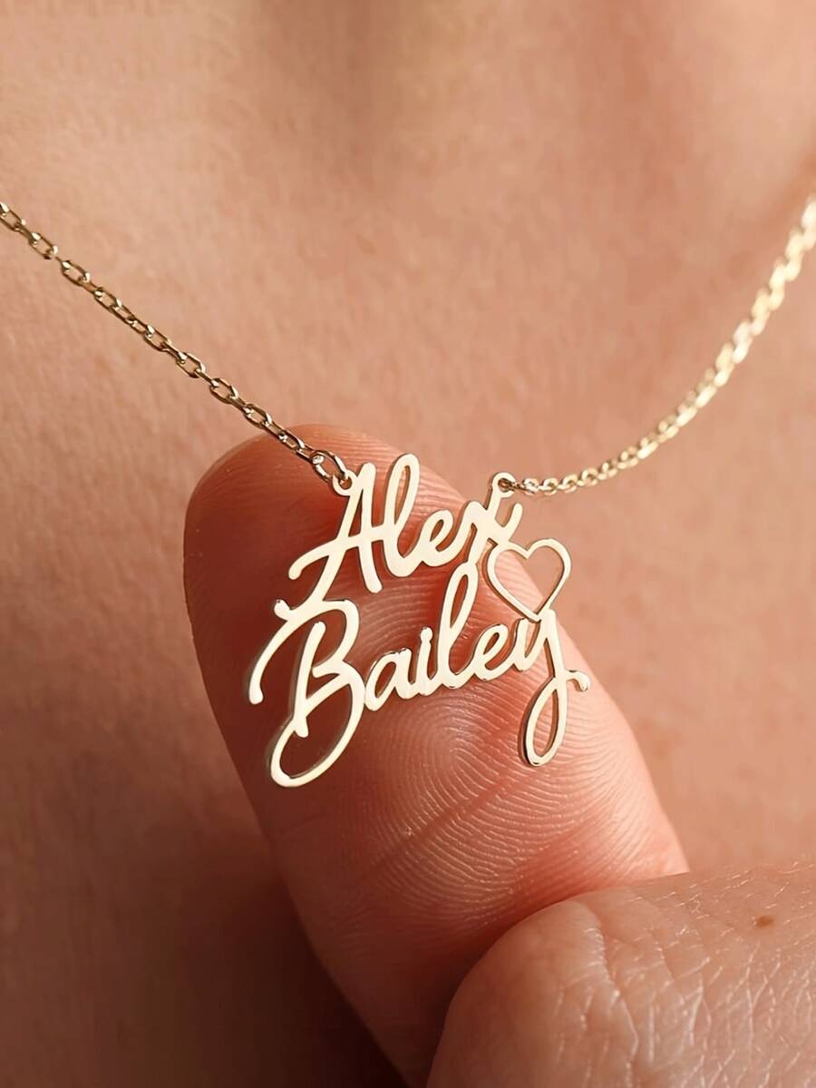 Customized Stainless Steel Necklace With Heart-Shaped Pendant Engraved With Two English Names, Simple And Fashionable Design, Perfect For Family Gatherings, Holiday Gifts Or Birthday Jewelry - Multicolor - View 1