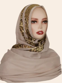 1件装女士雪纺时尚优雅穆斯林头巾，拼接印花设计，饰以水钻，中东风格长款围巾 - 豹紋拼接長巾 - 查看 16