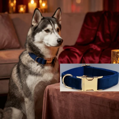 Collar de perro de terciopelo azul marino de aleación de zinc con hebilla ajustable, collar de perro de terciopelo con hebilla dorada - correa para el cuello de mascota suave y cómoda, adecuada para perros grandes, medianos y pequeños, collar de perro ajustable | Collar de mascota de terciopelo | Material de terciopelo suave, regalo para el Día de San Valentín, San Patricio, Ramadán, Pascua, Año Nuevo y cumpleaños de la mascota