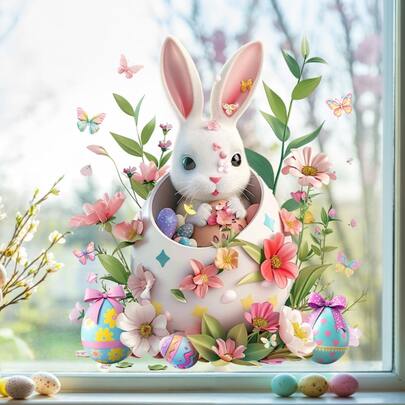 1pc Easter Floral Egg Cracking Bunny Window Sticker, Removable Static Cling Decal For Living Room, Bedroom, Windows - Easy To Apply, PVC Easter Decoration