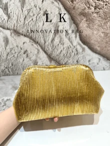 1pc High Quality Women's Gold Shiny Evening Dress Bag, Fashion Wallet Handbag, Women's Handbag, Women's Luxury Chain Shoulder Bag, Shiny Pleated Bag, Valentine's Day Gift - Multicolor - View 8