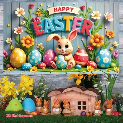 1PC,2D Flat,Easter Bunny And Egg Background Banner, Polyester Material, Happy Easter Decorative Flag, Multi Purpose Photography Background, Easter Party Decoration, Large Party Supplies And Gift Entrance, Room And Garden Wall Decoration