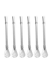 2/4/6pcs Stainless Steel Straws With Spoon, Suitable For Iced Drinks, Juices, Coffee, Desserts - Silver - View 9