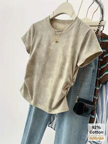 Spring/Summer New Khaki Short Sleeve T-Shirt Women, Cropped Tee With Drawstring Design, Stylish And Slimming - Khaki - View 5
