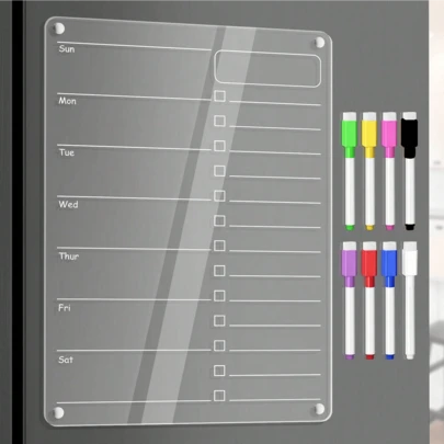 1 Set de Calendario magnético de acrílico para refrigerador con bolígrafo, pizarra blanca transparente para planificación semanal de comidas, lista de compras y organización del hogar, almacenamiento de cocina