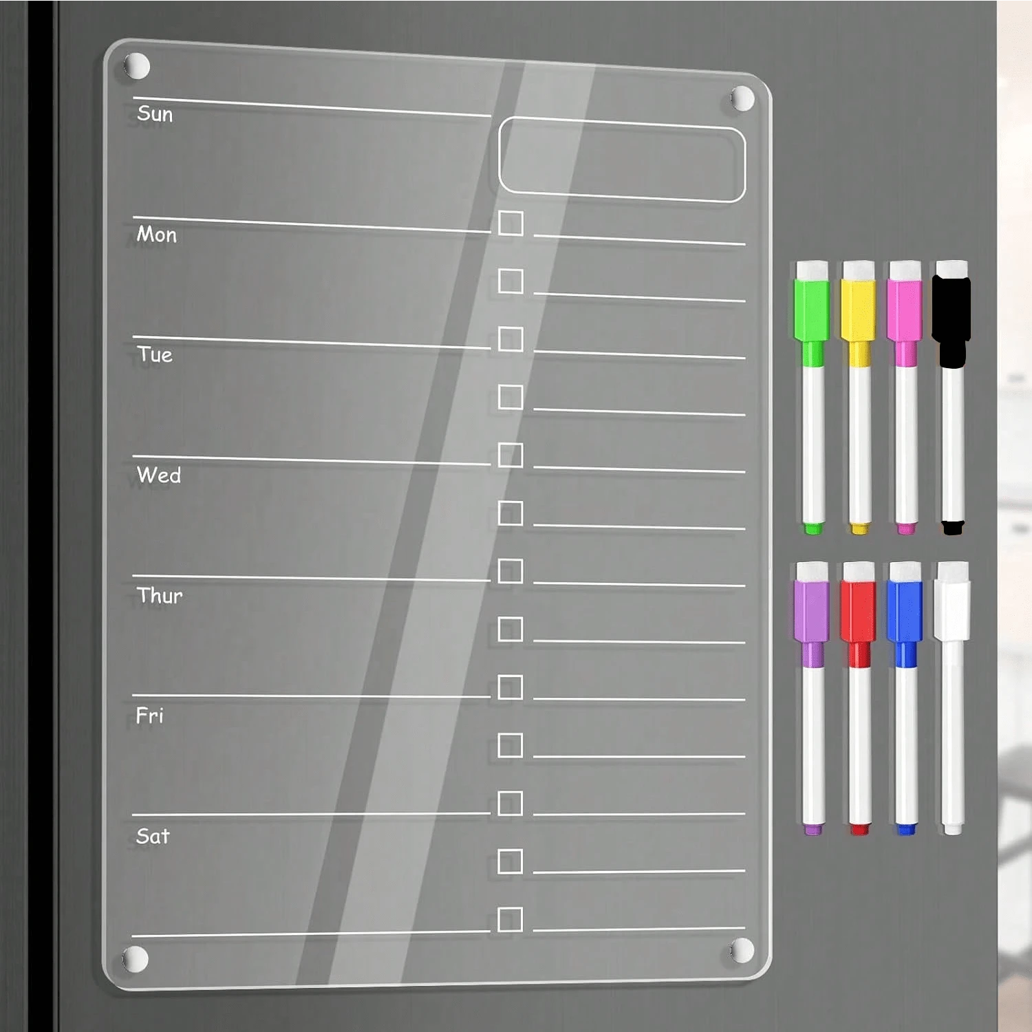 一套亚克力磁性冰箱贴日历，含记号笔和透明白板，可用于每周膳食计划、购物清单和家居收纳整理，厨房收纳