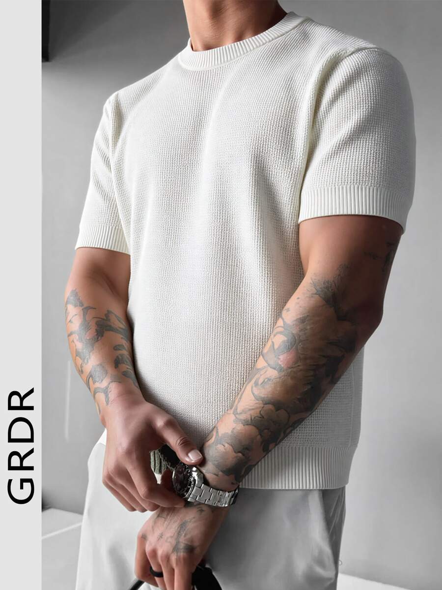 1pc GRDR Men's Round Neck Pineapple Pattern Knit Sweater, Spring/Summer New Casual Commuter Wear - White - View 1