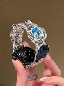 Kompatibel mit Apple Watch Ölgemälde Emaille Blumen Armband 38/40/41/42/44/45/46/49mm, für Ultra/SE 2/SE 1/Series 10/9/8/7/6/5/4/3/2/1 - Blau Silber - Übersicht 8