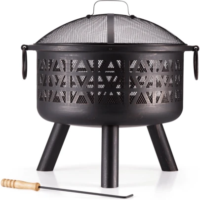Fire Pit – Firepit For Outdoor, Garden, Patio – Portable, Lightweight With Geometric Design, Brown Bronzed Steel, Fire Poker & Mesh Guard Included, Carry Handles – Use Wood Or Charcoal To Fuel