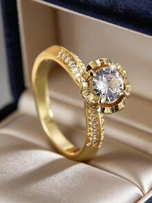 Charm-In Women's Gold-Plated Ring, Minimalist Floral Pave Design, Versatile Luxe Style For Daily Wear, Casual Or Commute, Fashionable Birthday Gift - Gold - View 1