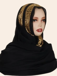 1件装女士雪纺时尚优雅穆斯林头巾，拼接印花设计，饰以水钻，中东风格长款围巾 - 豹紋拼接長巾 - 查看 15