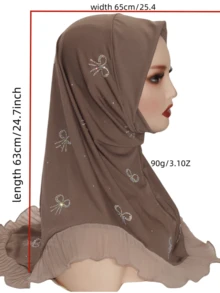 1pc Women's Striped Knit Elastic Fabric Diamond Crafted Hem Fashionable Malaysian Hijab Scarf - Crystal Hemp Rhinestone Headscarf - View 8