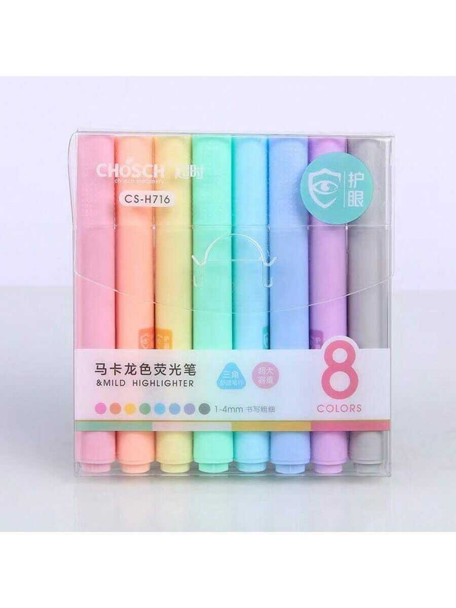 8pcs Creative Macaron 8-Color Fluorescent Pen Set, Pastel Color Hand-Drawn Poster Student Marker, Planner, Colorful Drawing, Doodle Pens, Random Color Mix And Match, Random Packaging Box - Multicolor - View 1