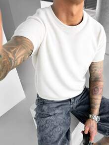 1pc GRDR Men's Round Neck Pineapple Pattern Knit Sweater, Spring/Summer New Casual Commuter Wear - White - View 2