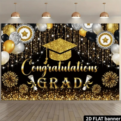 2D平面毕业派对背景，黑金配色，文字“恭喜你，我们为你感到骄傲”，包含毕业帽、毕业证书、气球、亮片、派对装饰、摄影背景，涤纶材质，无需电源