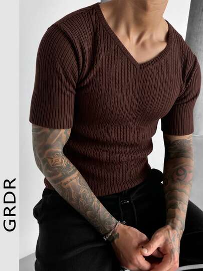 GRDR 1 pieza Suéter de punto con cuello en V y estampado floral retorcido para hombres, unicolor casual para ir al trabajo, nueva llegada de verano