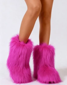 Women's Faux Fur Boot Furry Fluffy Round Toe Suede Winter Comfy Plush Warm Short Outdoor Indoor Flat Shoes Mid-Calf Boots Fashion Boots - 粉色 - 查看 5