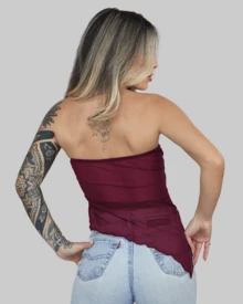 Women's Basic Translucent Tropical Floral Cropped Tube Top With Transparent Tulle, Strapless, Summer Style, Lining, Aitona - BOARD - View 3