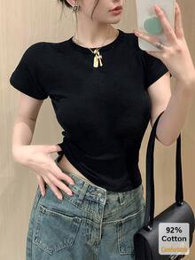 2026 Spring/Summer New Black Short Sleeve T-Shirt, Versatile Solid Color Top, Casual Slim Fit Undershirt For Women - Black - View 6
