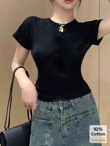 2026 Spring/Summer New Black Short Sleeve T-Shirt, Versatile Solid Color Top, Casual Slim Fit Undershirt For Women - Black - View 4