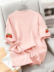 Damen Große Größen Mode kreative Erdbeere Schleife Muster Rundhals T-Shirt, geeignet für Sommerurlaub, Strand, Frühlingsferien, Valentinstag, Muttertag Geschenk, Pink Lässig - Pink - Übersicht 2