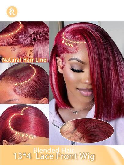 13X4蕾丝前额假发，180%密度，6-16英寸短款波波头假发，直发波波头蕾丝前额假发，女士款 - 预先拔毛，采用年轻人头发，外观自然，自然色/棕色/酒红色/橙色混合假发 - 真人发和合成纤维混合