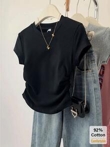 New Spring/Summer Black Cropped Short Sleeve T-Shirt, Drawstring Design, Slimming, Stylish & Chic - Black - View 1