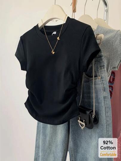 New Spring/Summer Black Cropped Short Sleeve T-Shirt, Drawstring Design, Slimming, Stylish & Chic