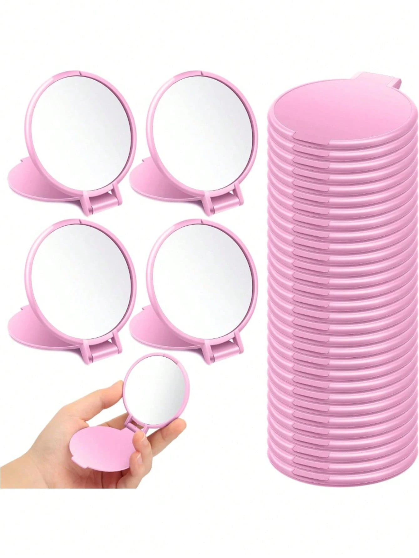 5/10/20/50/100pcs Foldable Portable Mini Round Makeup Mirror, Compact Wallet Size, For Women Travel & Daily Use, Mother's Day Gift (Black, White) - Hot Pink - View 1