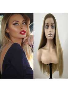 13x4渐变色蕾丝前假发，合成材料，长直发造型，耐热纤维，无需胶水即可佩戴的蕾丝替换假发，预先拔毛的自然发际线，24英寸高清透明蕾丝，女士礼物，金色 - 拼色 - 查看 2