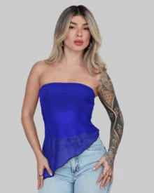 Women's Basic Translucent Tropical Floral Cropped Tube Top With Transparent Tulle, Strapless, Summer Style, Lining, Aitona - Royal - View 1