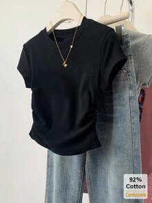 New Spring/Summer Black Cropped Short Sleeve T-Shirt, Drawstring Design, Slimming, Stylish & Chic - Black - View 3